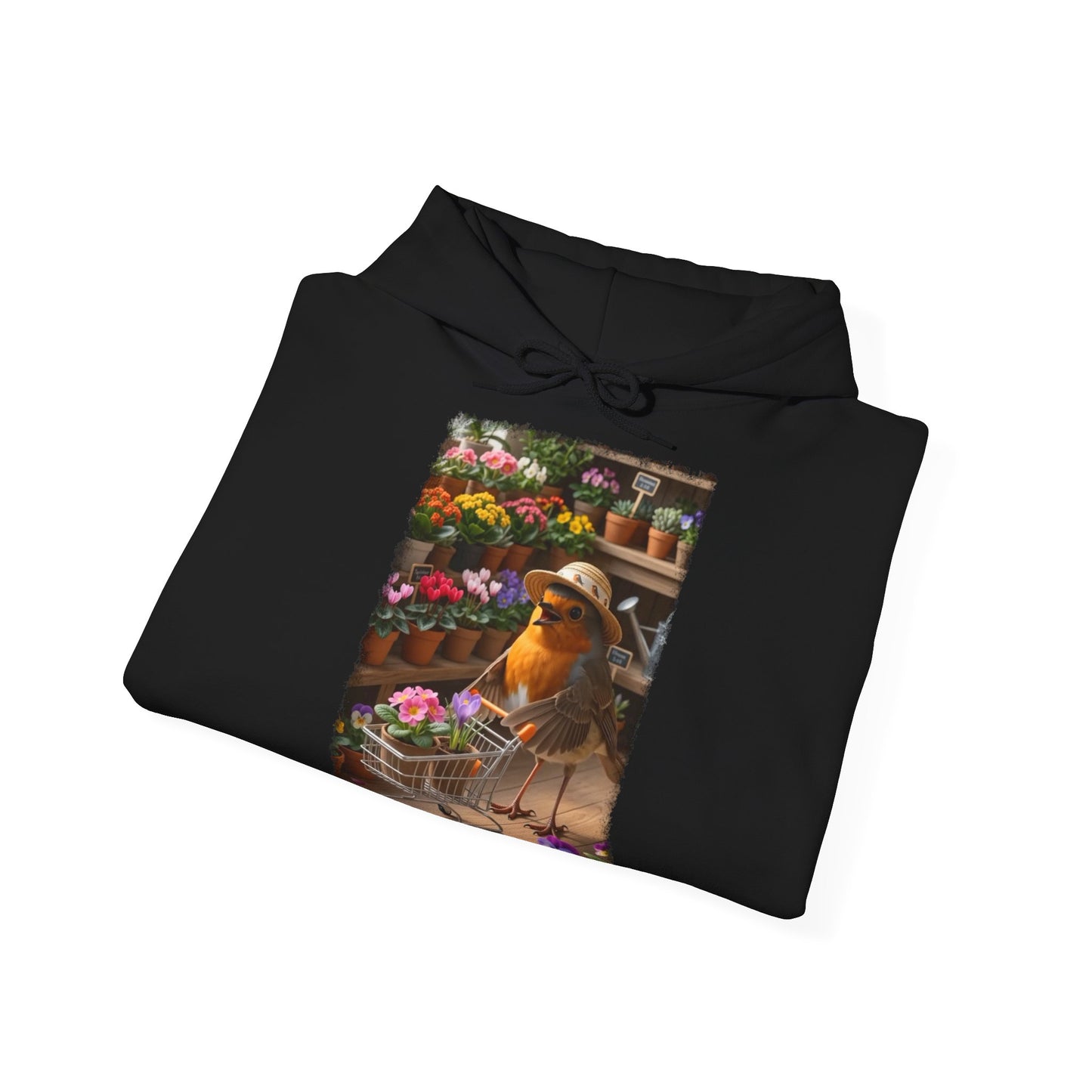 Lustiger Rotkehlchen Hoodie mit Blumen-Einkaufswagen | Süßer Vogel Kapuzenpullover für Pflanzenfans