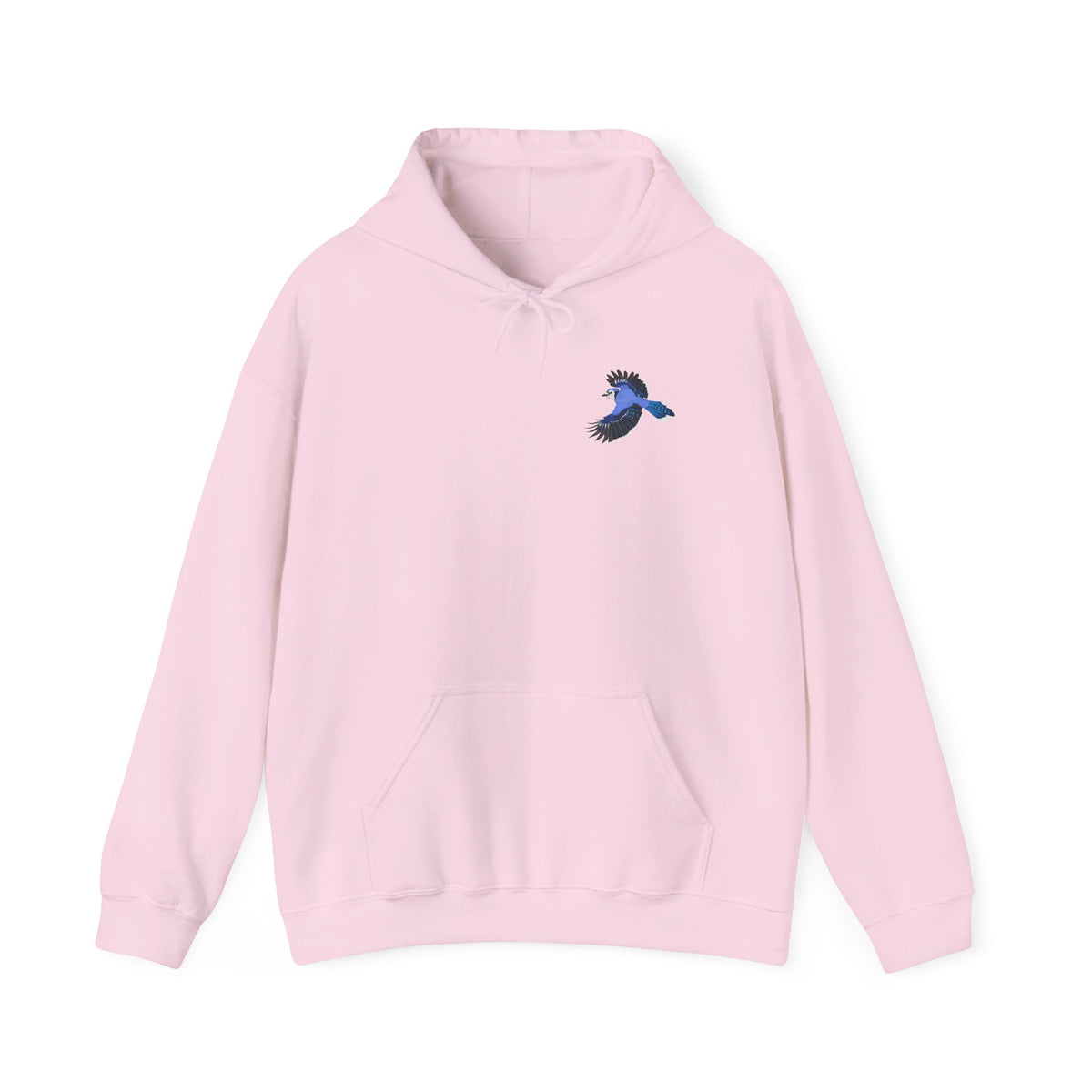 Blauhäher (Blue Jay) Hoodie – Kapuzenpullover mit kleinem Vogelmotiv im Flug