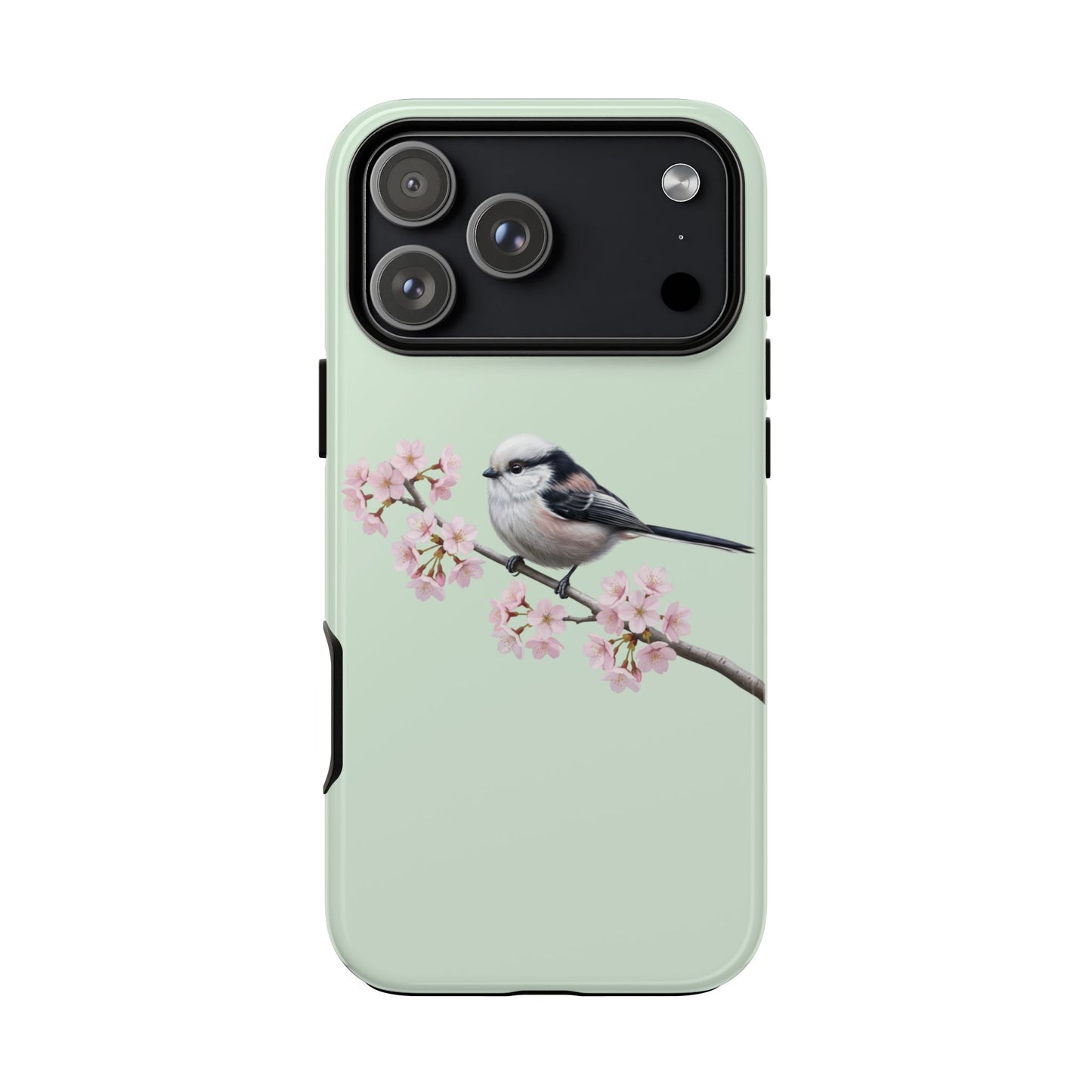 Schwanzmeise Handyhülle in Salbeigrün | Florales Kirschblüten Vogel-Motiv für iPhone & Google Pixel