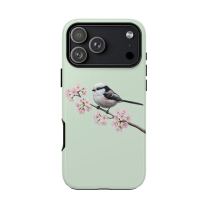Schwanzmeise Handyhülle in Salbeigrün | Florales Kirschblüten Vogel-Motiv für iPhone & Google Pixel