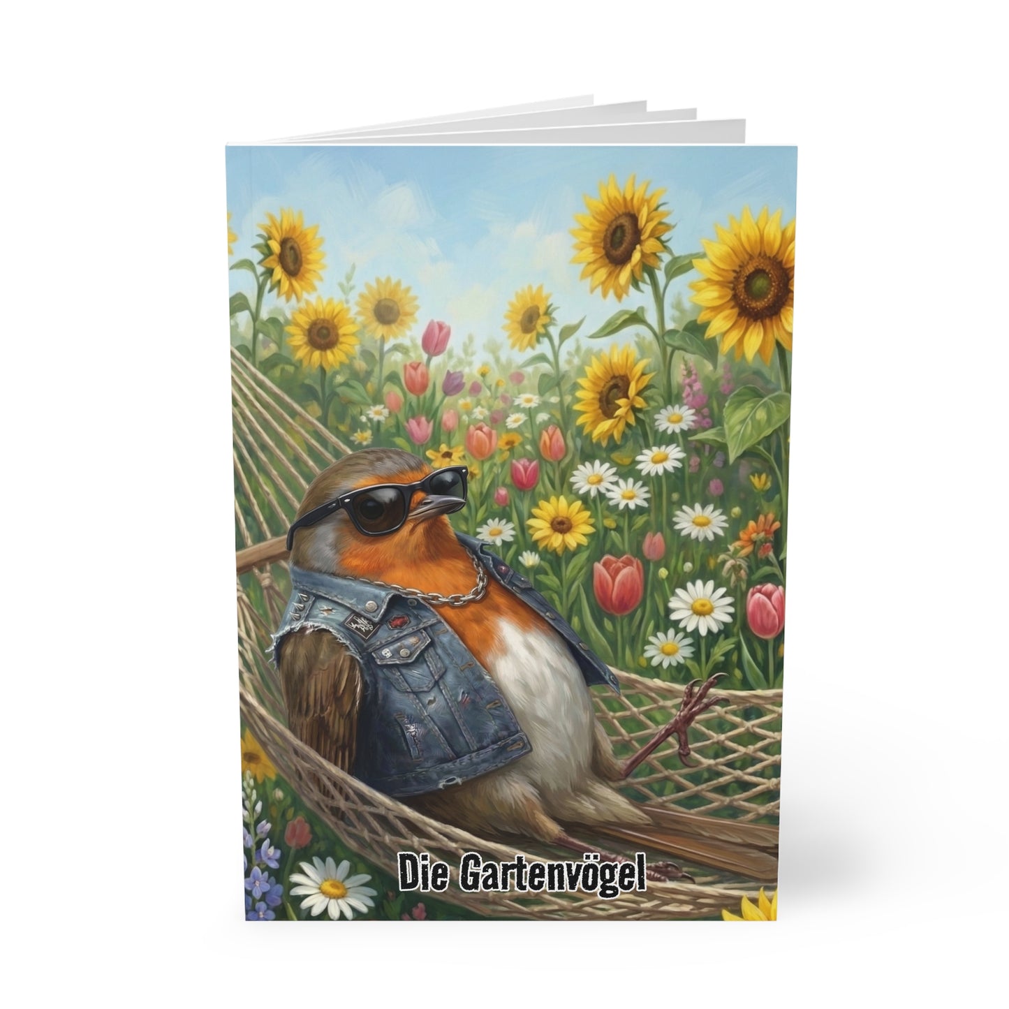 Rotkehlchen Notizbücher – Rocky in der Hängematte - Premium Notizbuch A5 mit Vogelmotiv | Die Gartenvögel