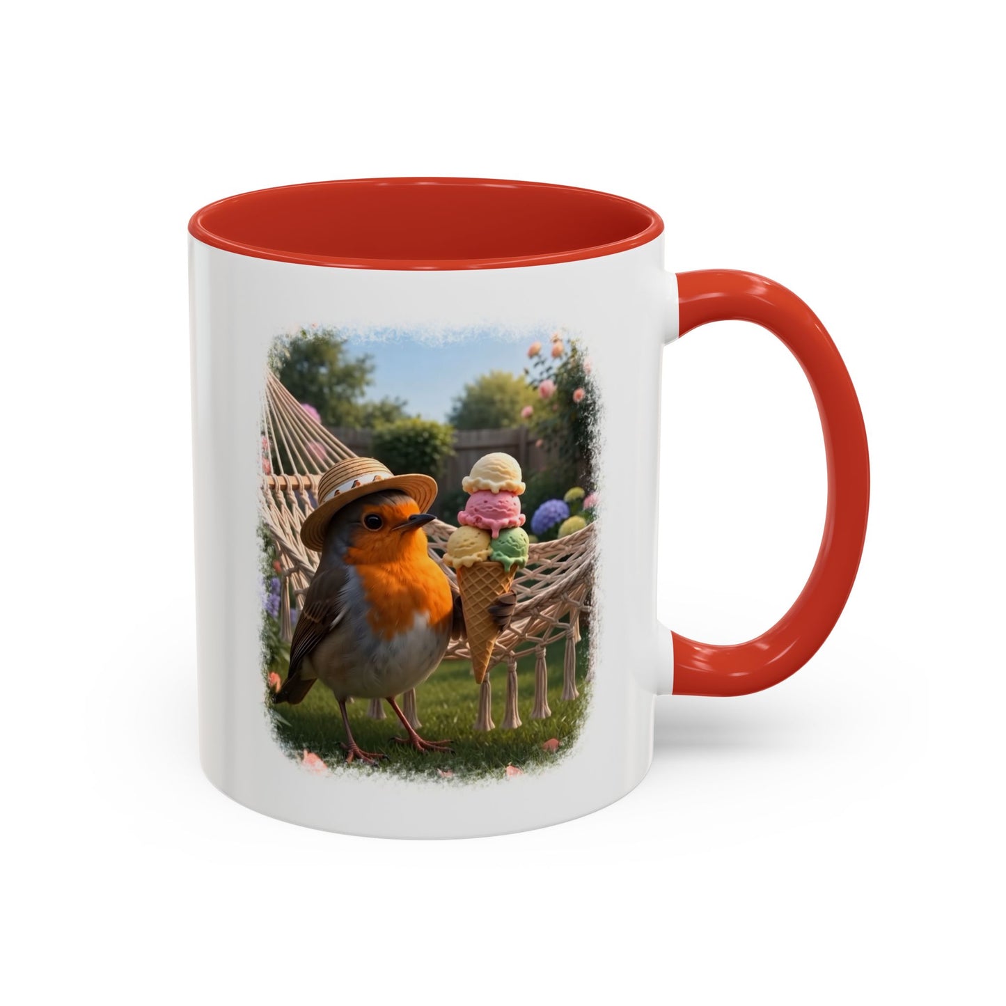 Keramiktasse Rosi Rotkehlchen und das Riesen-Eis im Garten – Kaffeebecher mit farbigem Henkel (330 ml)