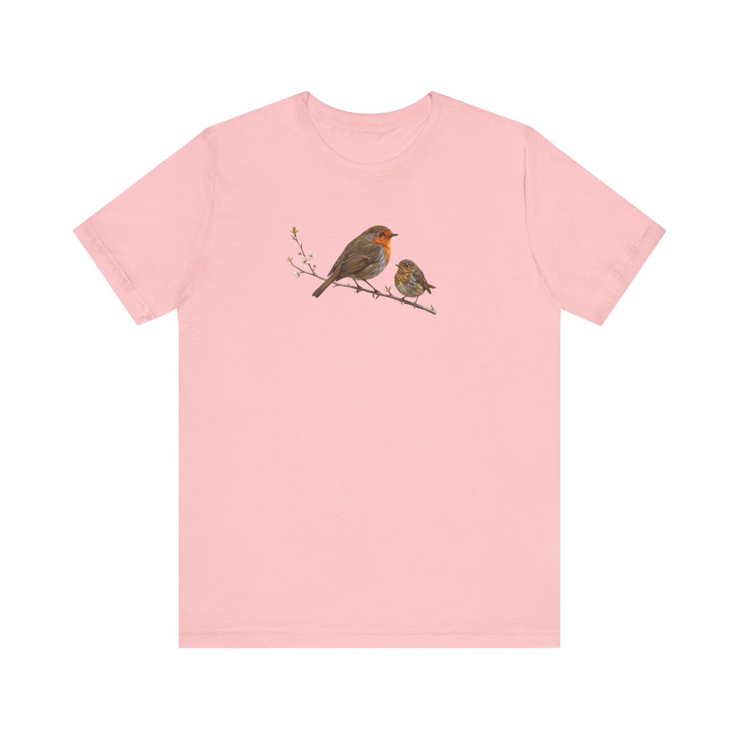 Rotkehlchen & Jungvogel T-Shirt | Frühlingsblüten Vogelmotiv für Vogelbeobachter
