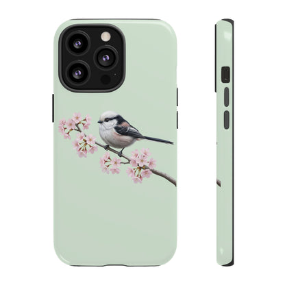 Schwanzmeise Handyhülle in Salbeigrün | Florales Kirschblüten Vogel-Motiv für iPhone & Google Pixel