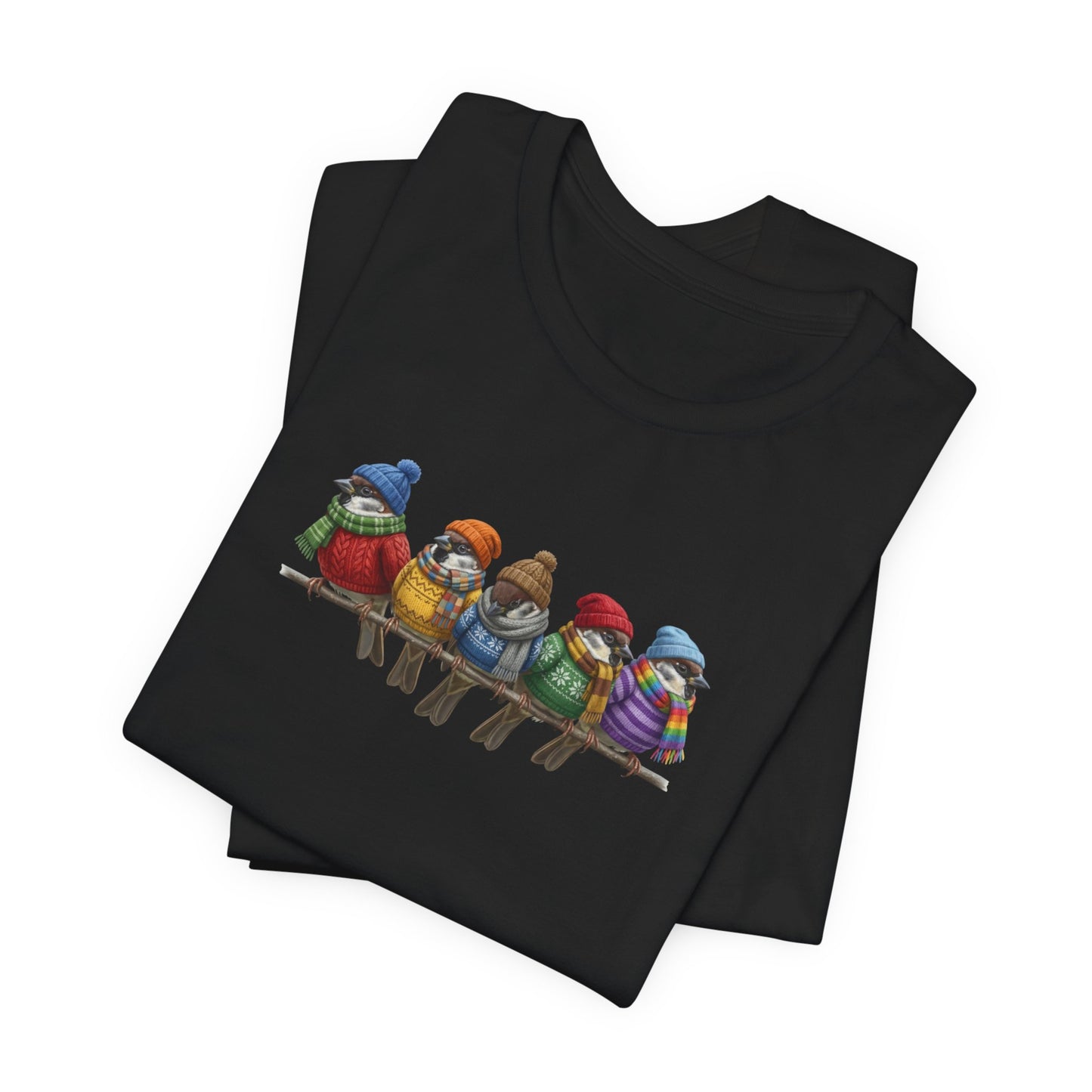 Spatzen in Strick T-Shirt – Weiches Premium Shirt mit Winterlichem Vogelmotiv