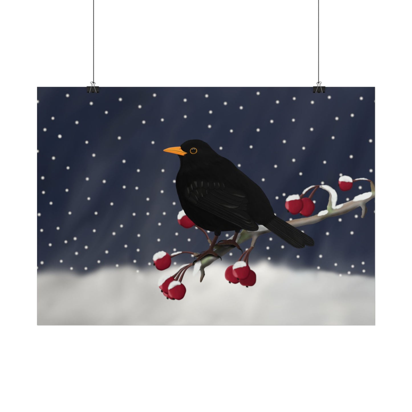 Amsel auf einem Ast im Schnee Vogel Poster