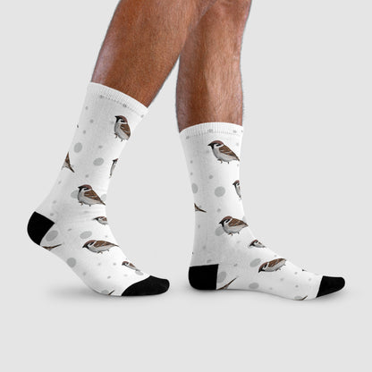 Feldsperling Socken Vogelsocken Weiß mit Grauen Punkten