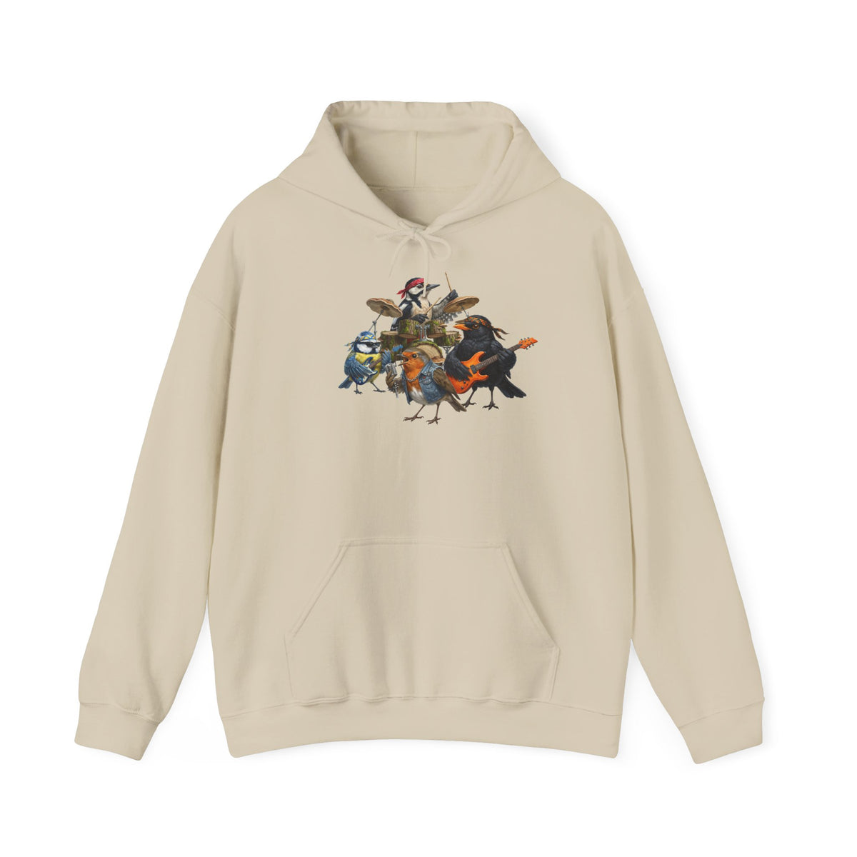 Vogel-Rockband Hoodie – Lustiger Kapuzenpullover mit Amsel, Rotkehlchen & Meise