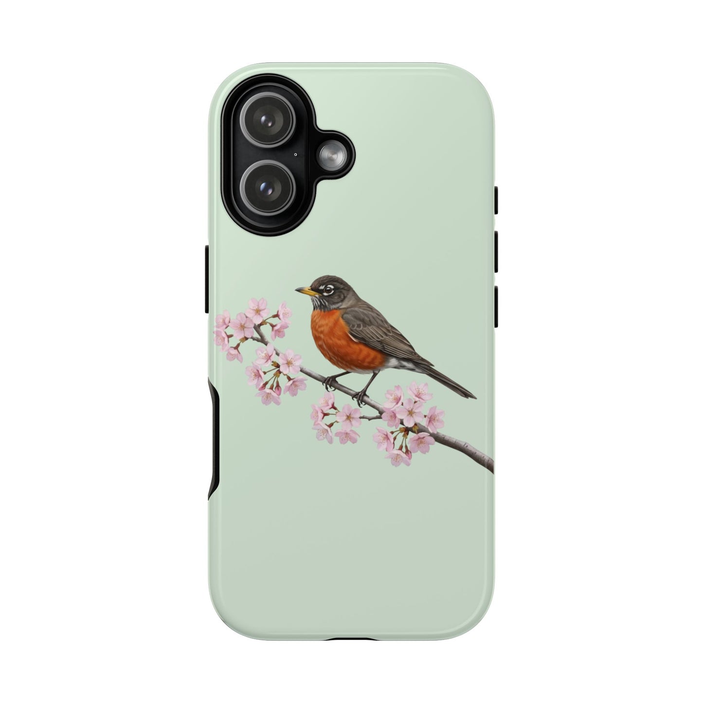 Wanderdrossel Handyhülle in Salbeigrün | Florales Kirschblüten Vogel-Motiv für iPhone & Google Pixel