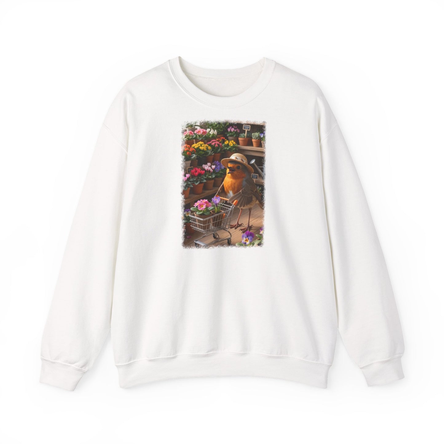 Lustiges Rotkehlchen Sweatshirt mit Blumen-Einkaufswagen | Süßer Vogel Pullover für Pflanzenliebhaber