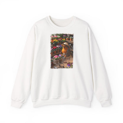 Lustiges Rotkehlchen Sweatshirt mit Blumen-Einkaufswagen | Süßer Vogel Pullover für Pflanzenliebhaber