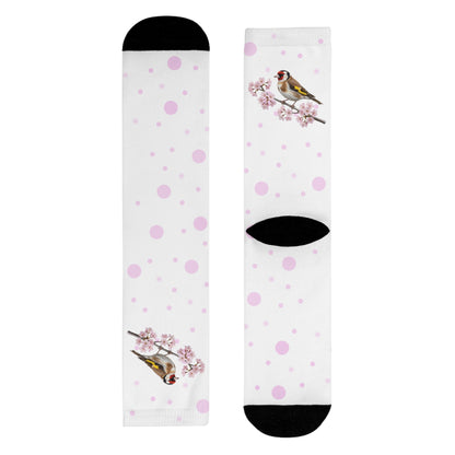 Stieglitz Socken – mit Kirschblüten | Weiß Rosa gepunktete Vogelmotiv Strümpfe
