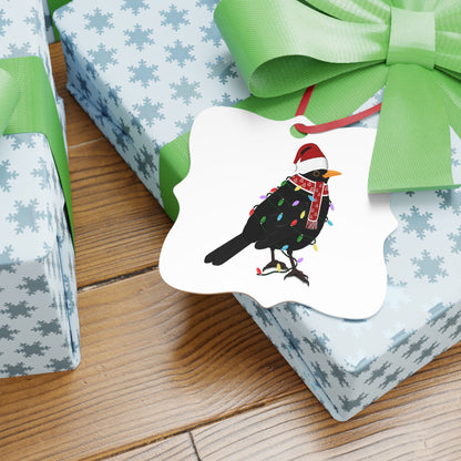 Amsel Ornament aus Aluminium – Einzigartiger Christbaumschmuck mit Rotem Band