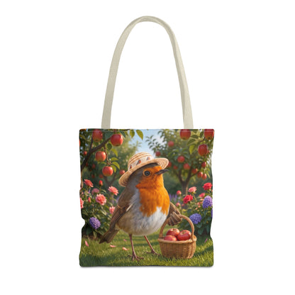 Quadratische Tragetasche aus Stoff mit beigen Baumwollgriffen. Auf der Tasche ist eine digitale Illustration von einem niedlichen Rotkehlchen namens Rosi aufgedruckt, das einen Sonnenhut trägt und mit einem vollen Apfelkörbchen unter Apfelbäumen in einem Garten steht.