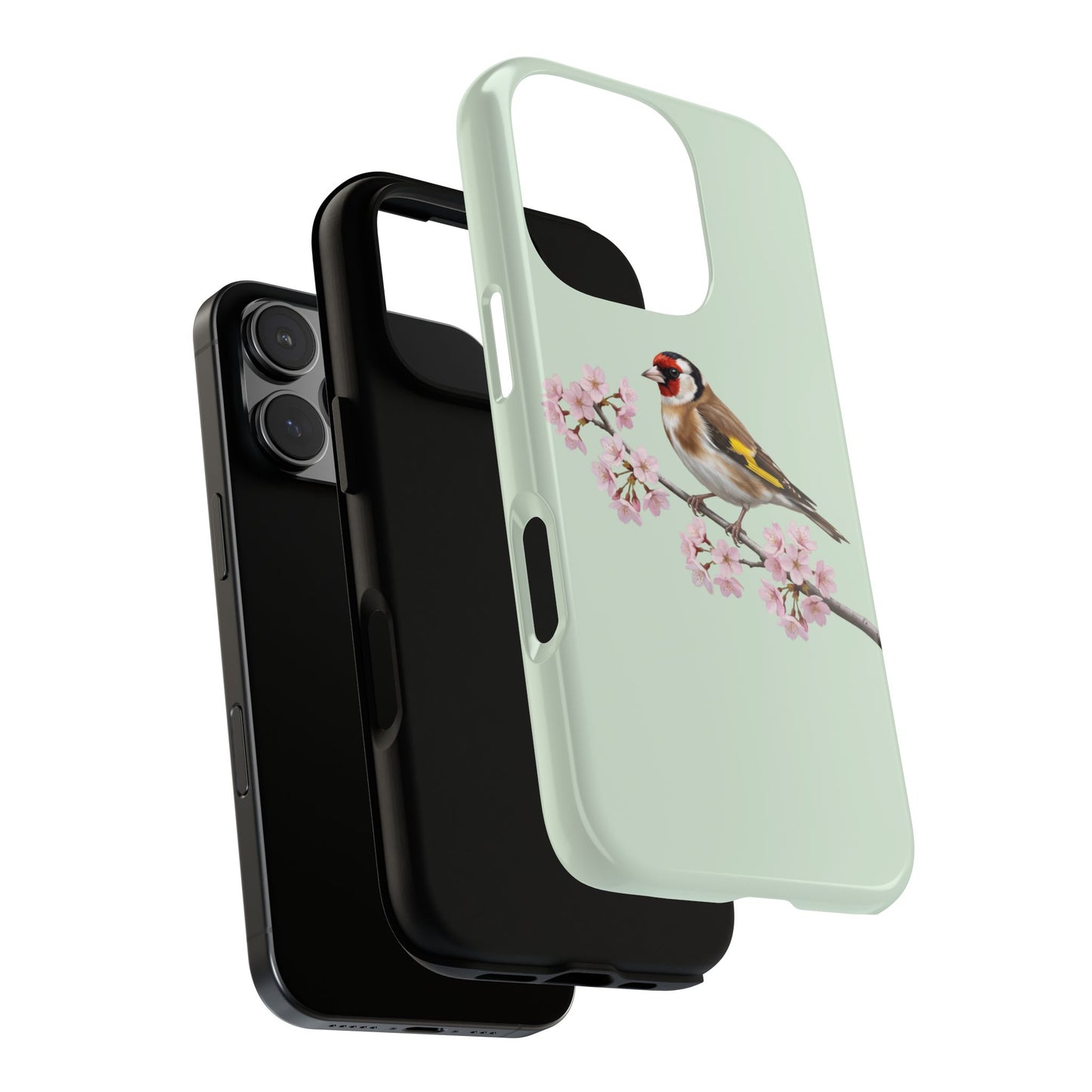 Stieglitz Handyhülle in Salbeigrün | Florales Kirschblüten Vogel-Motiv für iPhone & Google Pixel