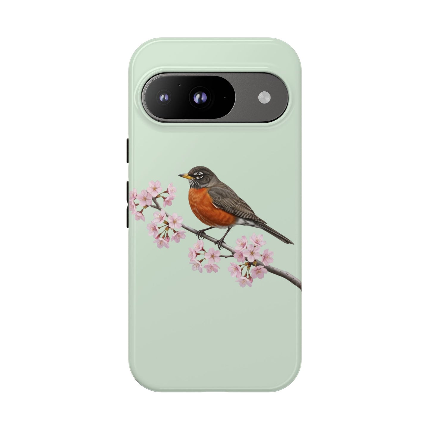 Wanderdrossel Handyhülle in Salbeigrün | Florales Kirschblüten Vogel-Motiv für iPhone & Google Pixel