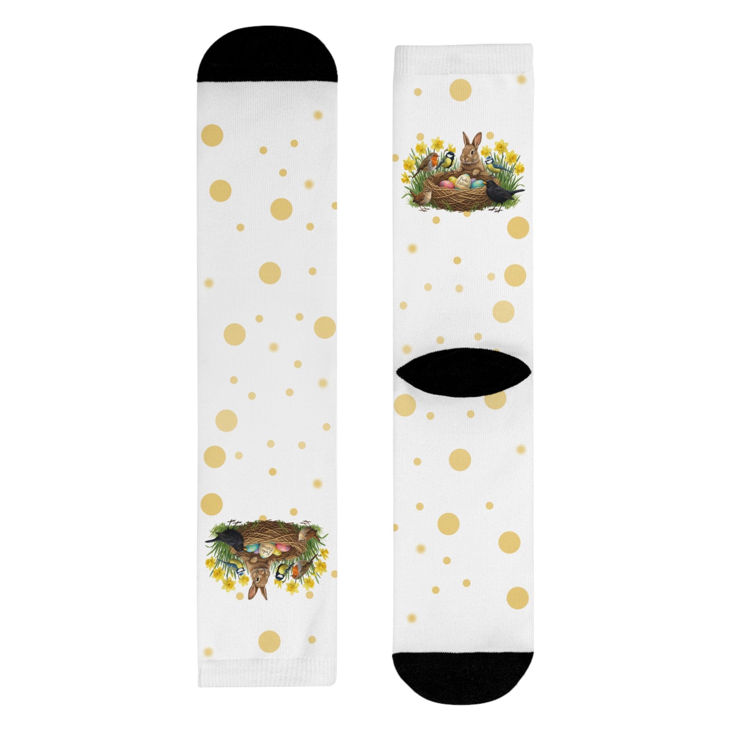 Vogel Socken mit Osterglocken – Kaninchen, Amsel, Rotkehlchen, Meisen & Zaunkönig am Osternest