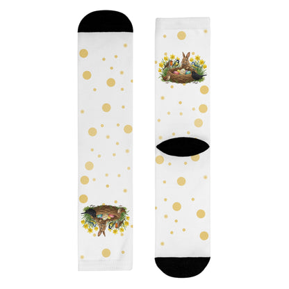 Vogel Socken mit Osterglocken – Kaninchen, Amsel, Rotkehlchen, Meisen & Zaunkönig am Osternest