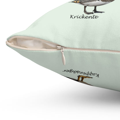 Enten Kissen in Salbeigrün | Stockente, Mandarinente Dekokissen 40x40 mit Vogelmotiv für dein Zuhause