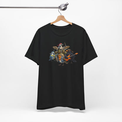 Die Gartenvögel Rockband T-Shirt – Lustiges Vogel Shirt mit Rückendruck – Amsel, Rotkehlchen, Meise, Specht – Geschenk für Musiker & Vogelfreunde