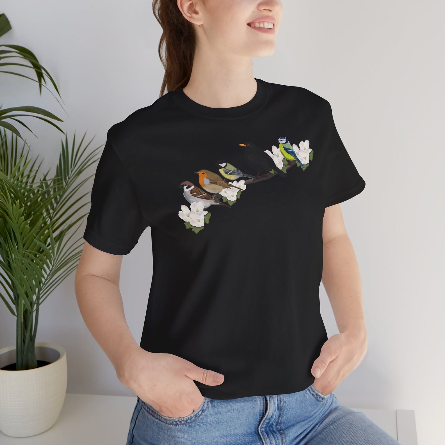 Amsel Rotkehlchen Spatz auf einem Ast Vogel T-Shirt für Vogelfreunde und Vogelbeobachter