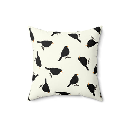 Amsel Dekokissen in Cremeweiß | Gemaltes Vogelmotiv & Sofakissen 40x40cm für Naturfreunde