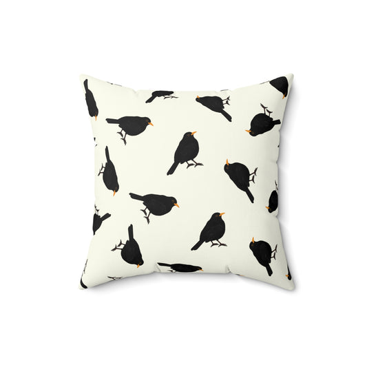 Amsel Dekokissen in Cremeweiß | Gemaltes Vogelmotiv & Sofakissen 40x40cm für Naturfreunde