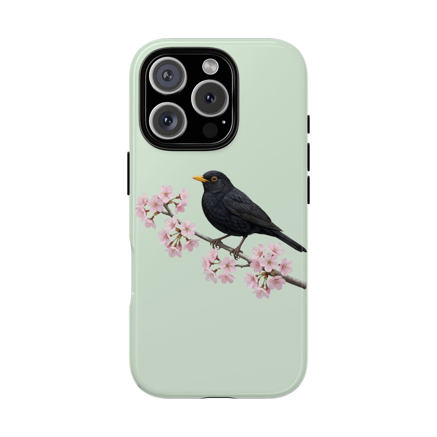 Amsel Handyhülle in Salbeigrün | Florales Kirschblüten Vogel-Motiv für iPhone & Google Pixel