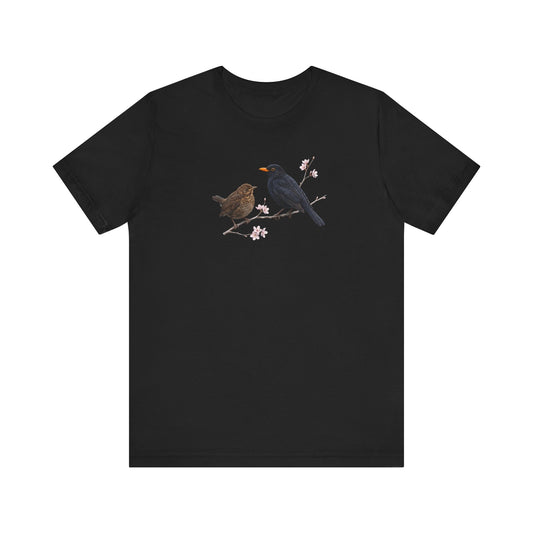 Amsel & Jungvogel T-Shirt | Frühlingsblüten Vogelmotiv für Vogelbeobachter