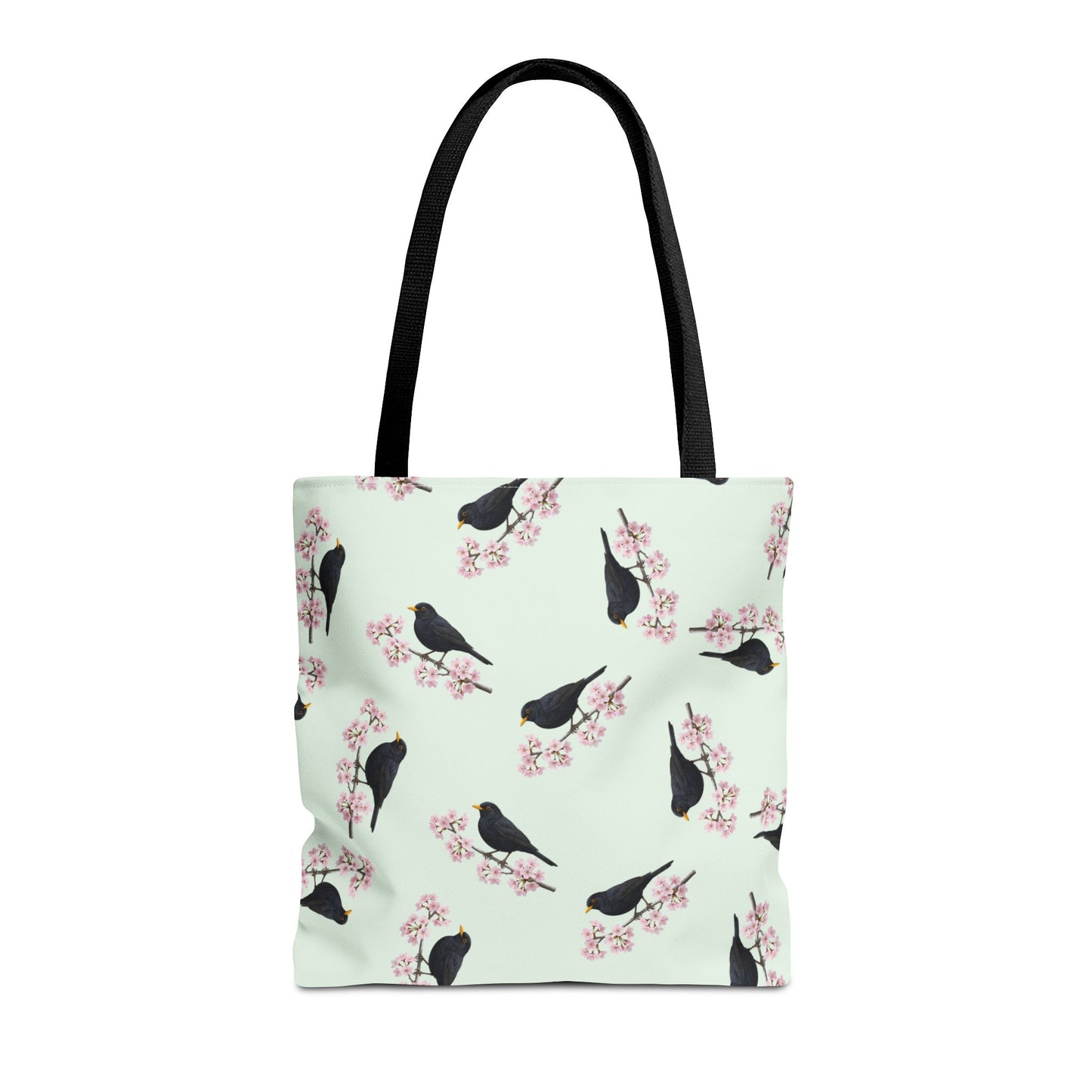 Amsel & Kirschblüten Tragetasche in Salbeigrün | Stofftasche & Geschenk für Vogelbeobachter