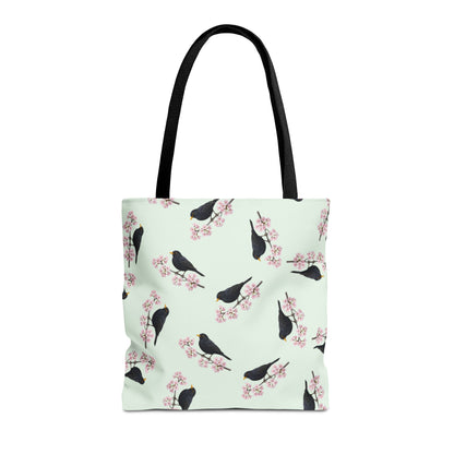 Amsel & Kirschblüten Tragetasche in Salbeigrün | Stofftasche & Geschenk für Vogelbeobachter