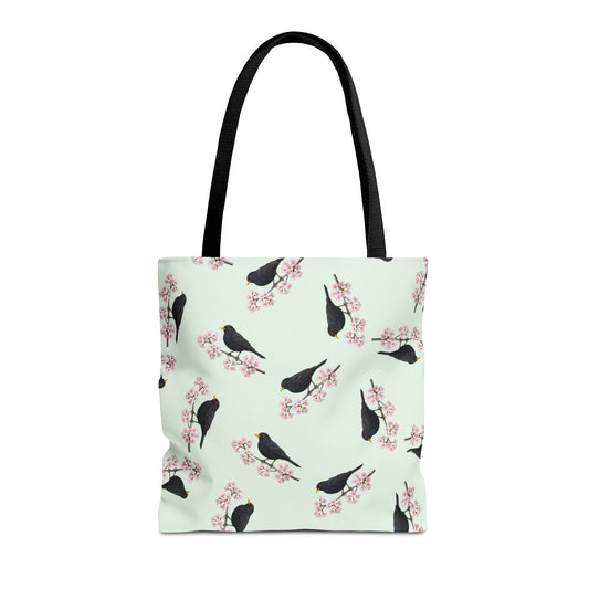 Amsel & Kirschblüten Tragetasche in Salbeigrün | Stofftasche & Geschenk für Vogelbeobachter