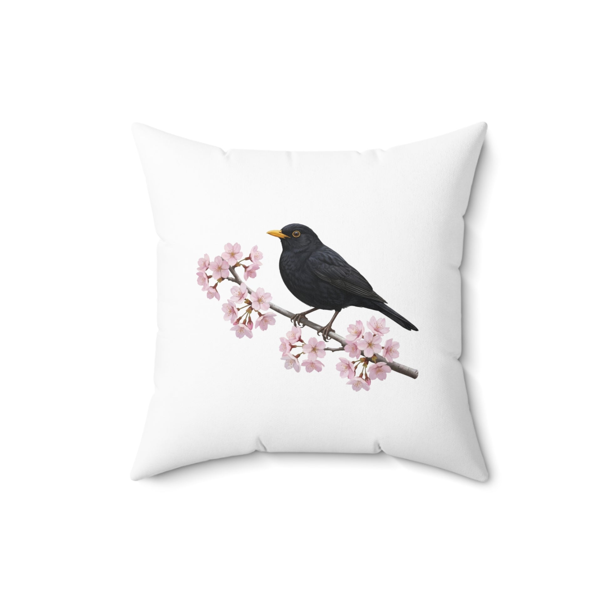 Amsel Kissen mit Kirschblüten | Weißes Dekokissen 40x40 Vogelmotiv