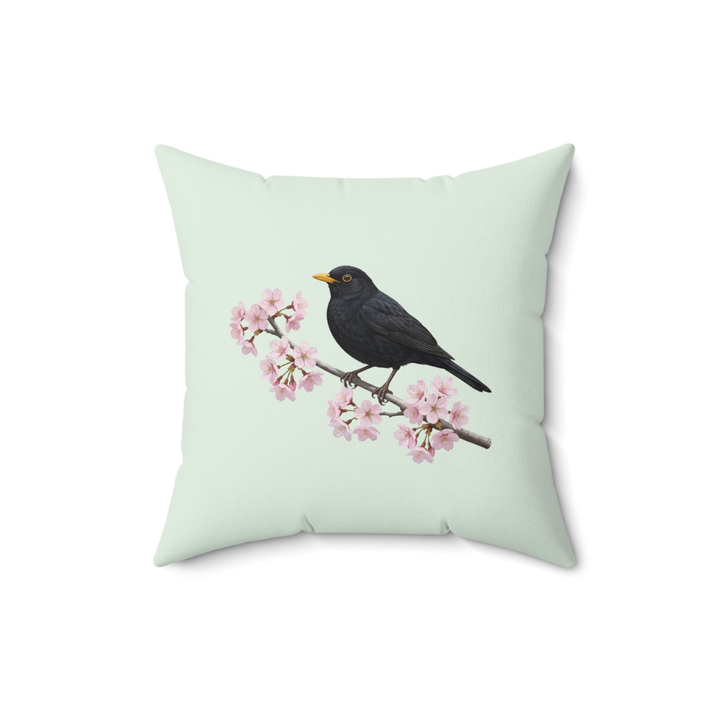 Amsel Kissen mit Kirschblüten in Salbeigrün | Dekokissen 40x40 mit Vogelmotiv