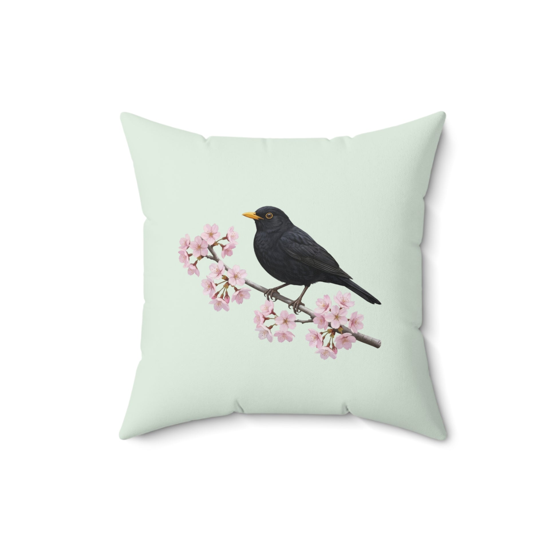 Amsel Kissen mit Kirschblüten in Salbeigrün | Dekokissen 40x40 mit Vogelmotiv