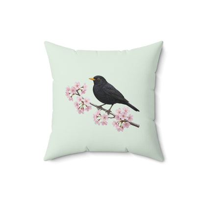 Amsel Kissen mit Kirschblüten in Salbeigrün | Dekokissen 40x40 mit Vogelmotiv
