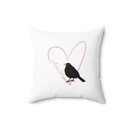 Amsel Kissen mit Rosa Herz Vogel Kissen Weiß