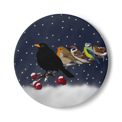 Amsel Rotkehlchen Blaumeise Keramik-Untersetzer: Weihnachtliches Vogel-Motiv