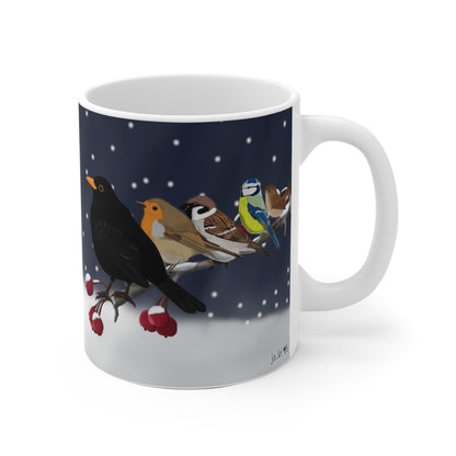 Amsel Rotkehlchen Blaumeise auf einem Ast im Winter Weihnachten Schnee Vogel Tasse