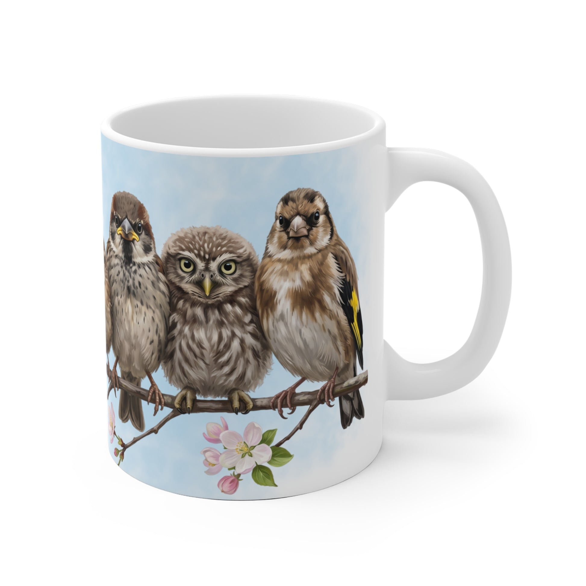 Amsel Rotkehlchen Eule Ästlinge auf einem Ast Premium Keramiktasse | Geschenk für Vogelbeobachter