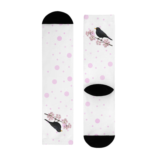 Amsel Socken mit Kirschblüten | Weiß Rosa gepunktete Vogelmotiv Strümpfe