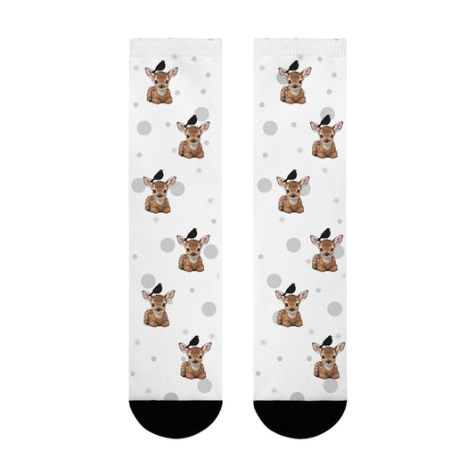 Amsel Socken mit Rehkitz Vogelsocken mit Tiermotiven Graue Punkte