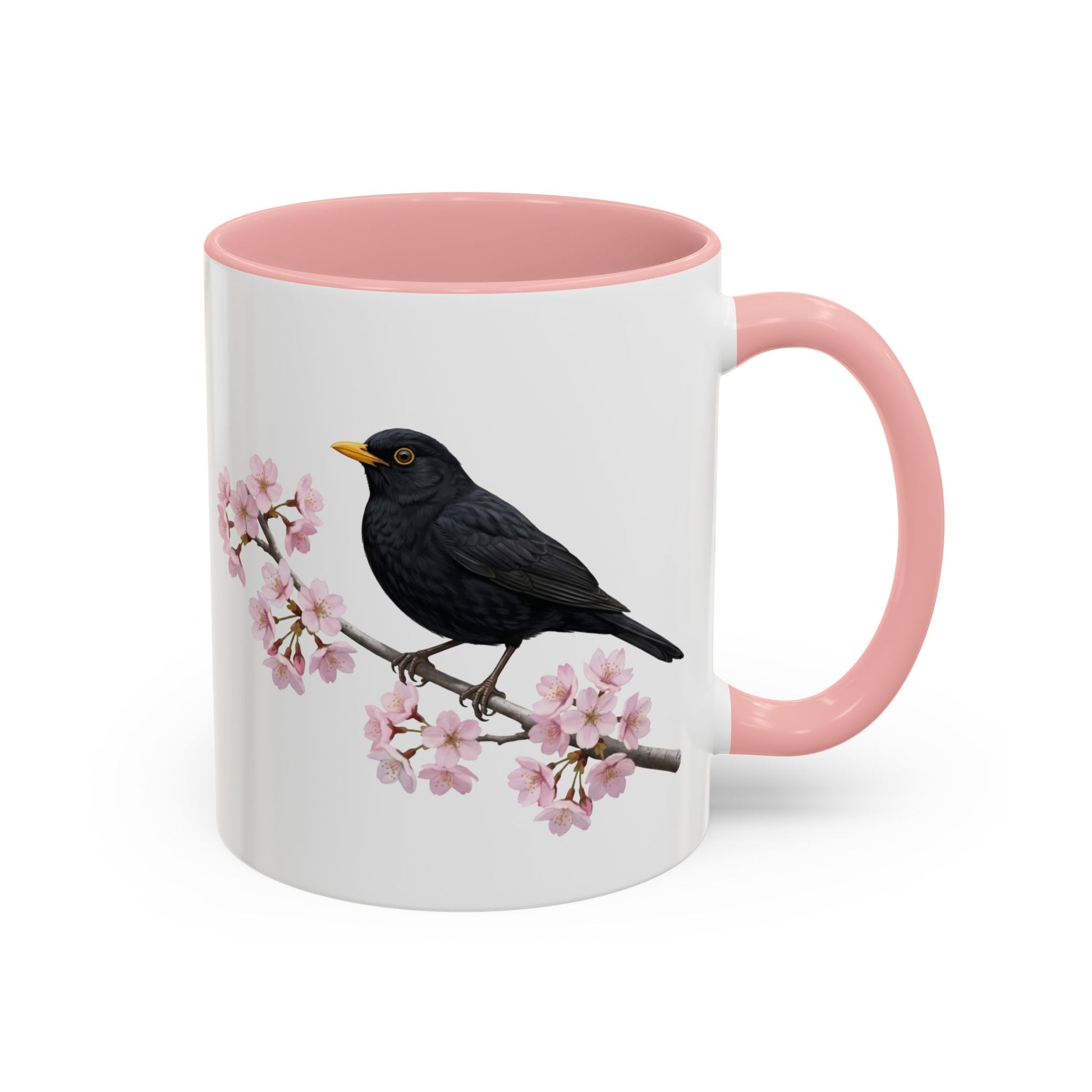 Amsel Tasse mit Kirschblüten | Rosa Keramiktasse für Vogelfreunde
