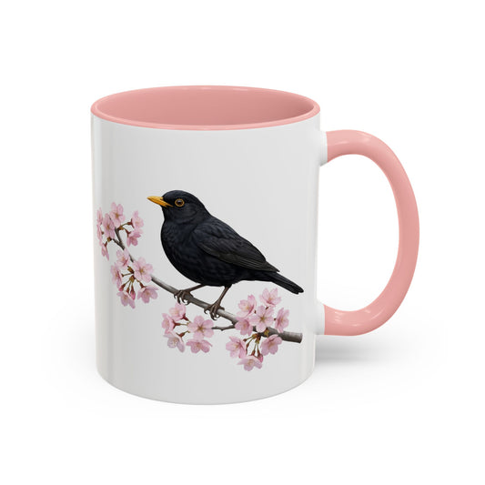 Amsel Tasse mit Kirschblüten | Rosa Keramiktasse für Vogelfreunde