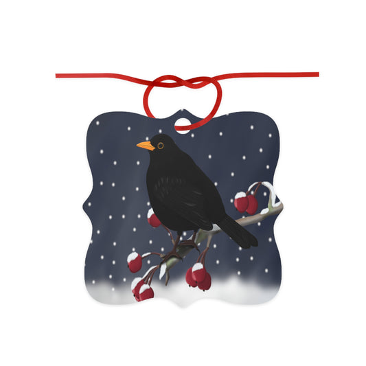 Amsel auf einem Ast Ornament aus Aluminium – Einzigartiger Christbaumschmuck mit Rotem Band