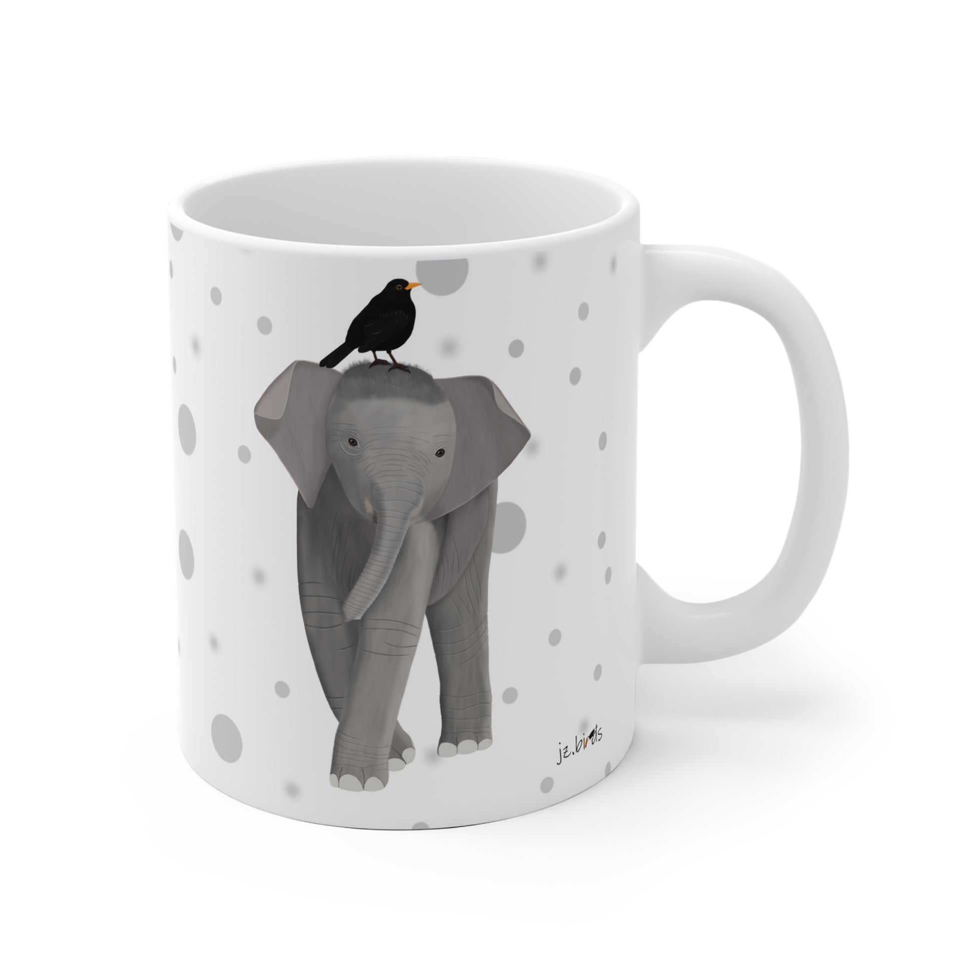 Amsel auf einem Elefanten Vogel Tasse Punkte Grau