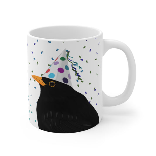 Amsel feiert Geburtstag mit Partyhut und Konfetti Vogel Tasse