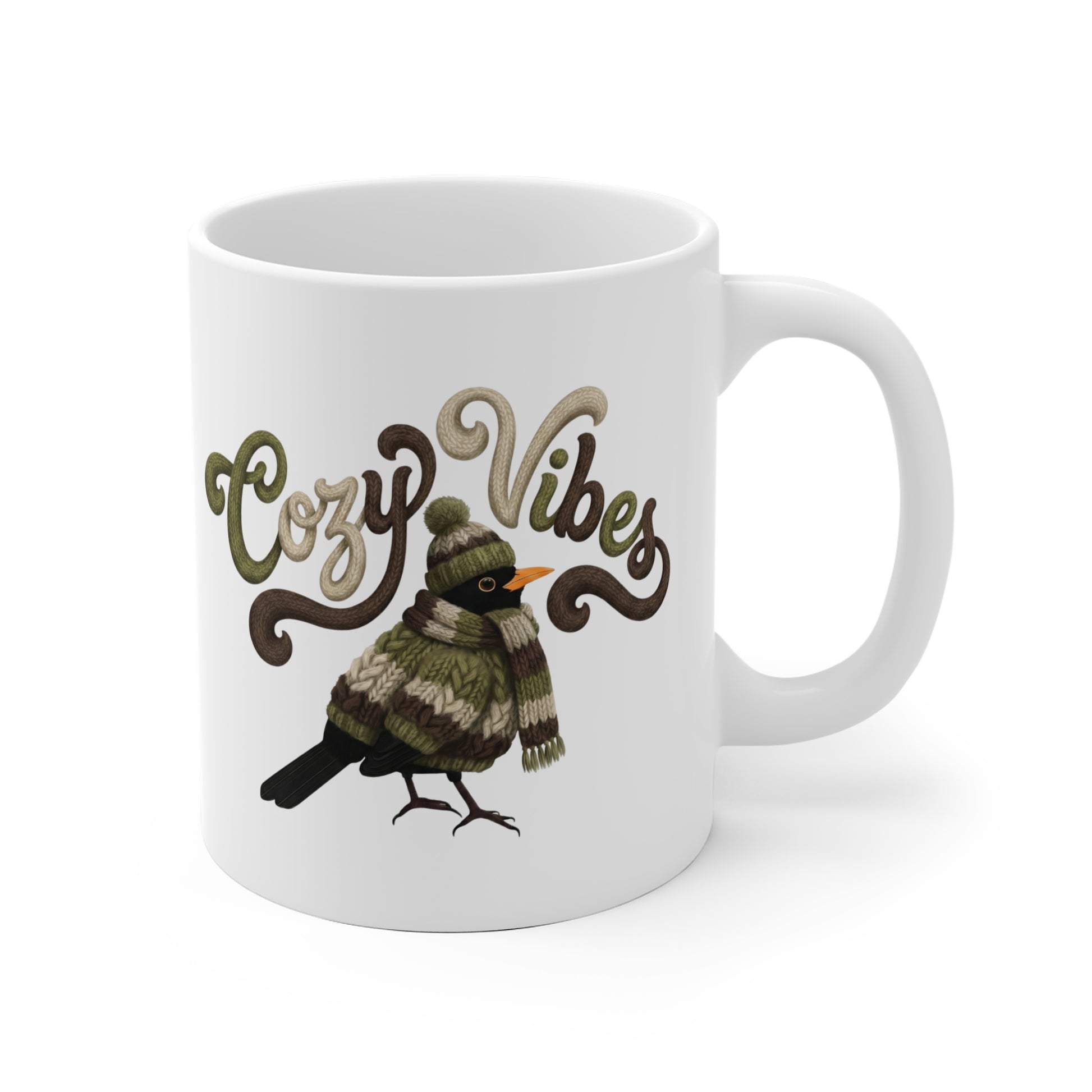 Amsel mit Strickpullover Weihnachtliche Tasse mit Vogelmotiv Cozy Vibes – Ideal für Kakao & Kaffee