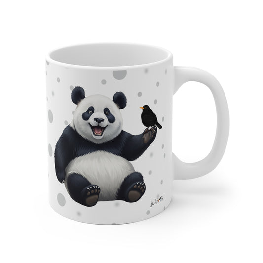 Amsel mit einem fröhlichen Panda Vogel Tiermotiv Tasse Punkte Grau