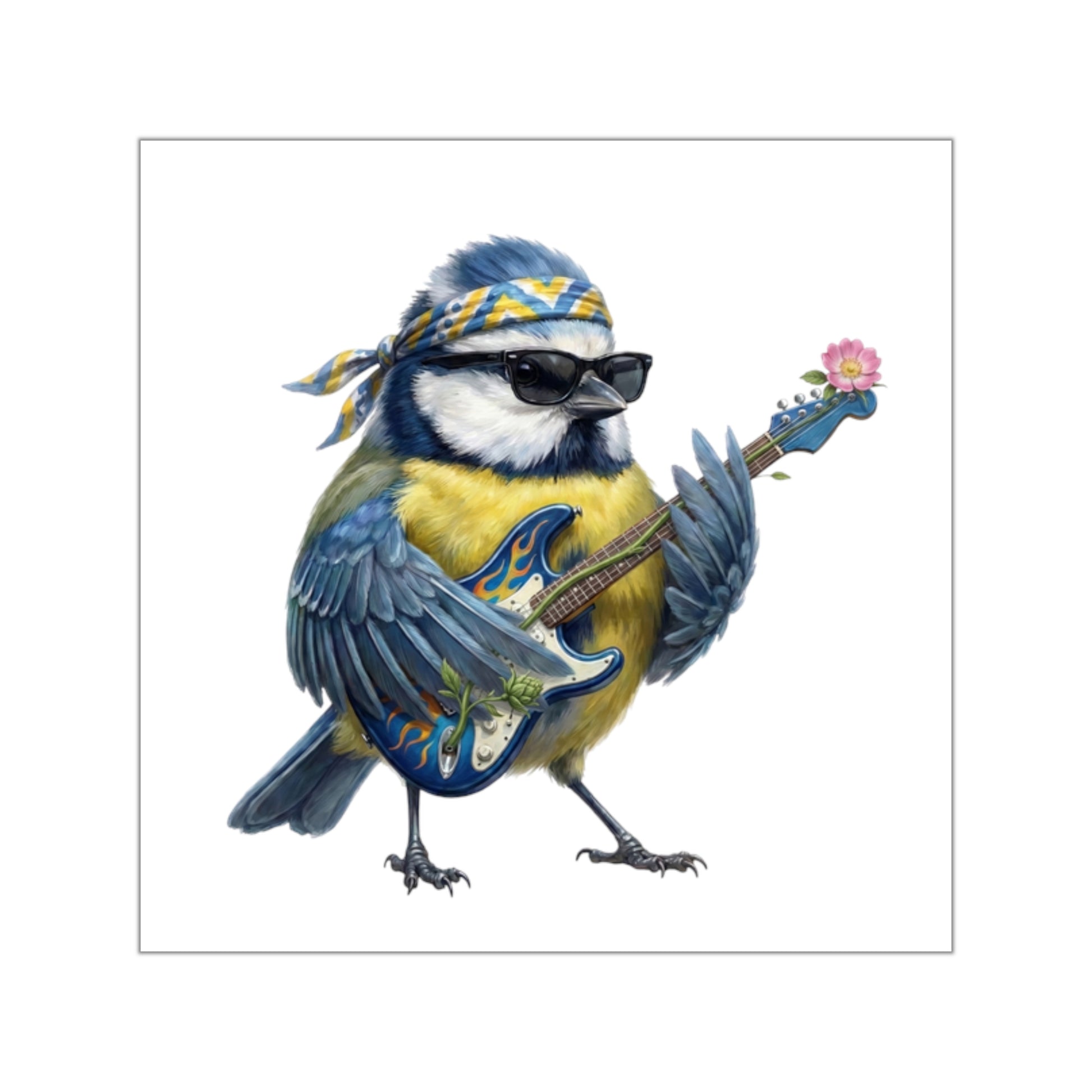 Bert Blaumeise mit seiner Blumen-Gitarre Premium Sticker (Die Gartenvögel)